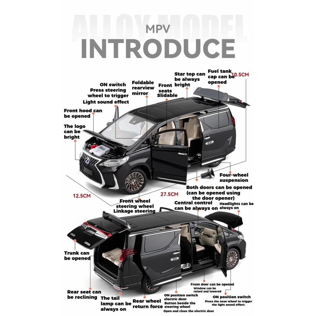 1/18 Lexus LM300 Electric Door MPV Alloy Car Model Sound and Light Pull Back Children's Toy Collectibles Birthday Gift Boyfriend