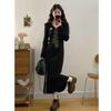 Black polo collar dress women's spring and autumn shoulder college style slightly large size splicing plaid long dress small black dress