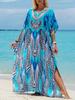 Robă turcească imprimată cu mânecă liliac tunică de vară, costum de baie de mărime mare, acoperire pentru costume de baie pentru femei, rochii de caftan albastru