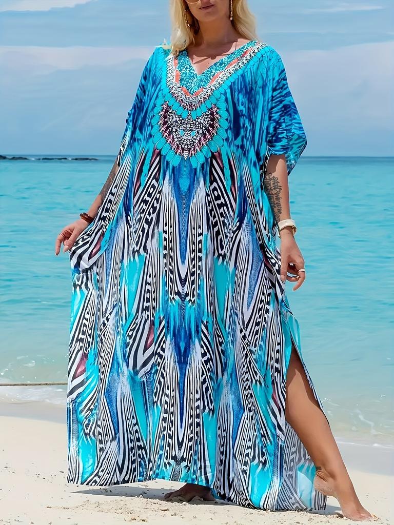 Abito turco stampato con maniche a pipistrello, tunica estiva, costumi da bagno taglie forti, copricostume per costumi da bagno da donna, abiti blu caftano