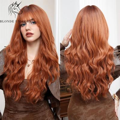 Dlouhá Ombre Červená Oranžová Paruka Syntetické vlnité Paruky s ofinou Cosplay Paruky pro denní použití pro ženy Tepelně odolné vlákno