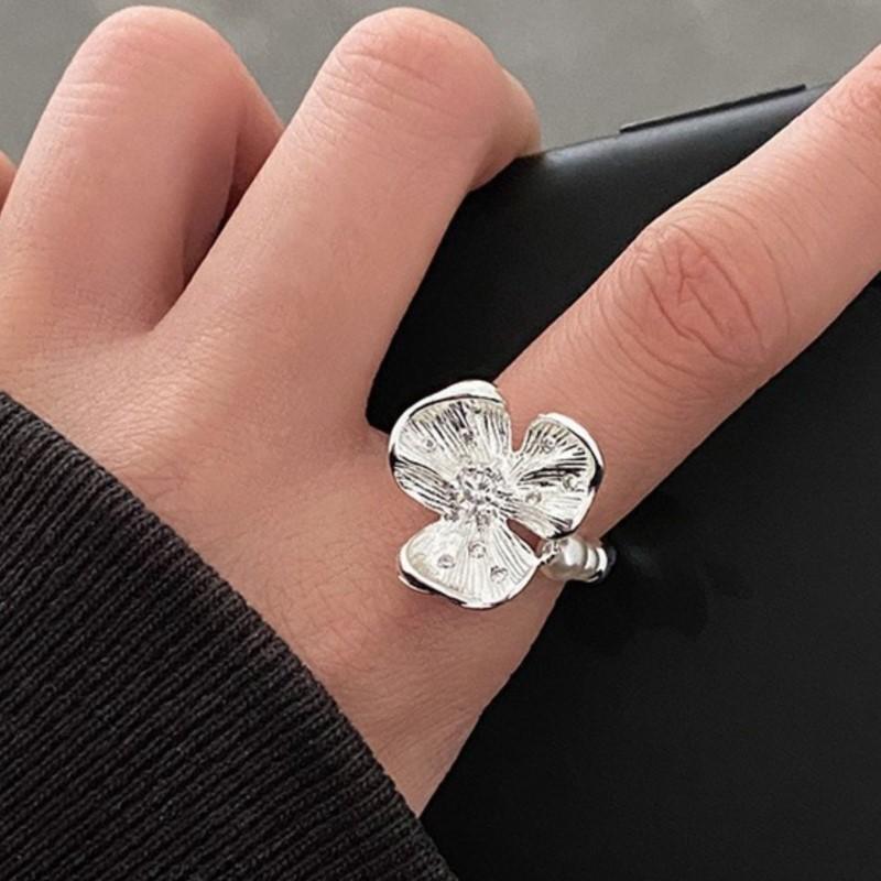 

PANJBJ 925 Sterling Silver Flower Pearl Ring for Women Texture Liquid Lava Retro Personality Fashion Jewelry Gift Dropshipping