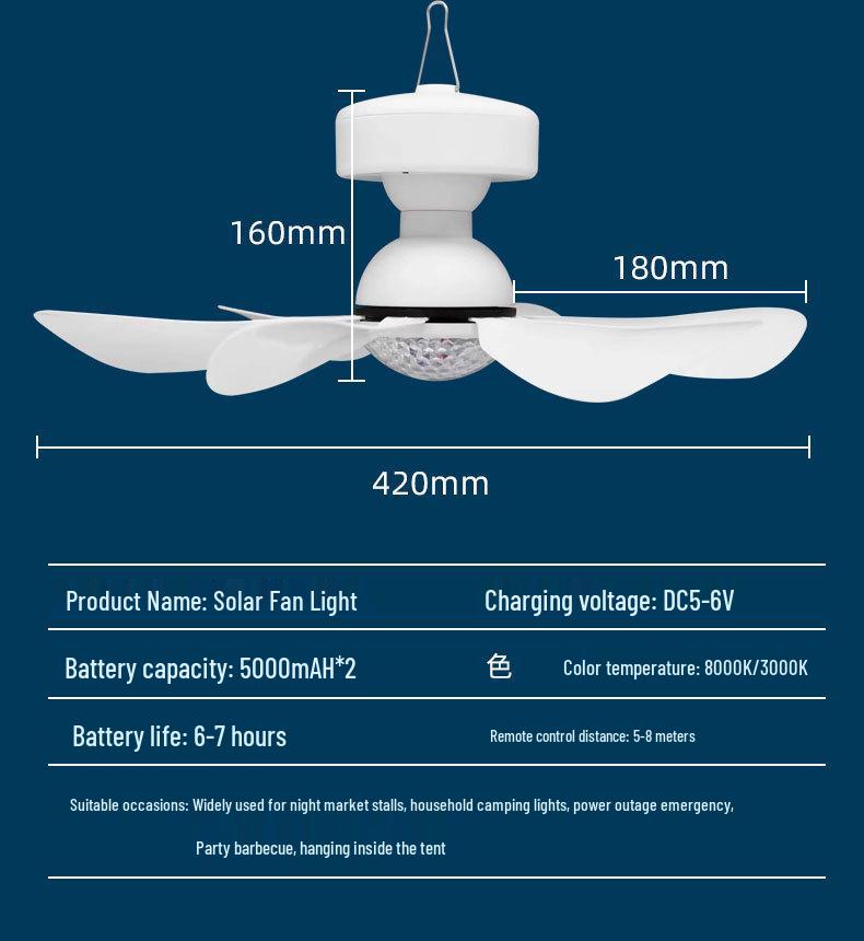 Faltbarer Solar-Deckenventilator mit Licht für Outdoor-Camping, Wohnheime, Bauernhöfe - Große Windkraftflügel