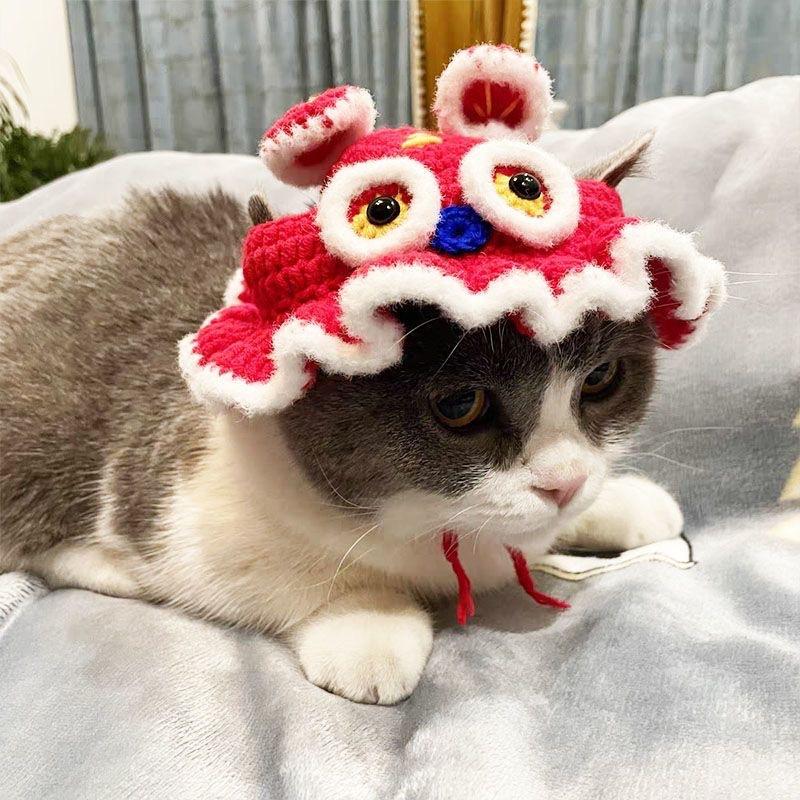Cappello intrecciato a mano per animali domestici, simpatico cartone animato gatto cane, abbigliamento cappello decorazione, copricapo per animali domestici