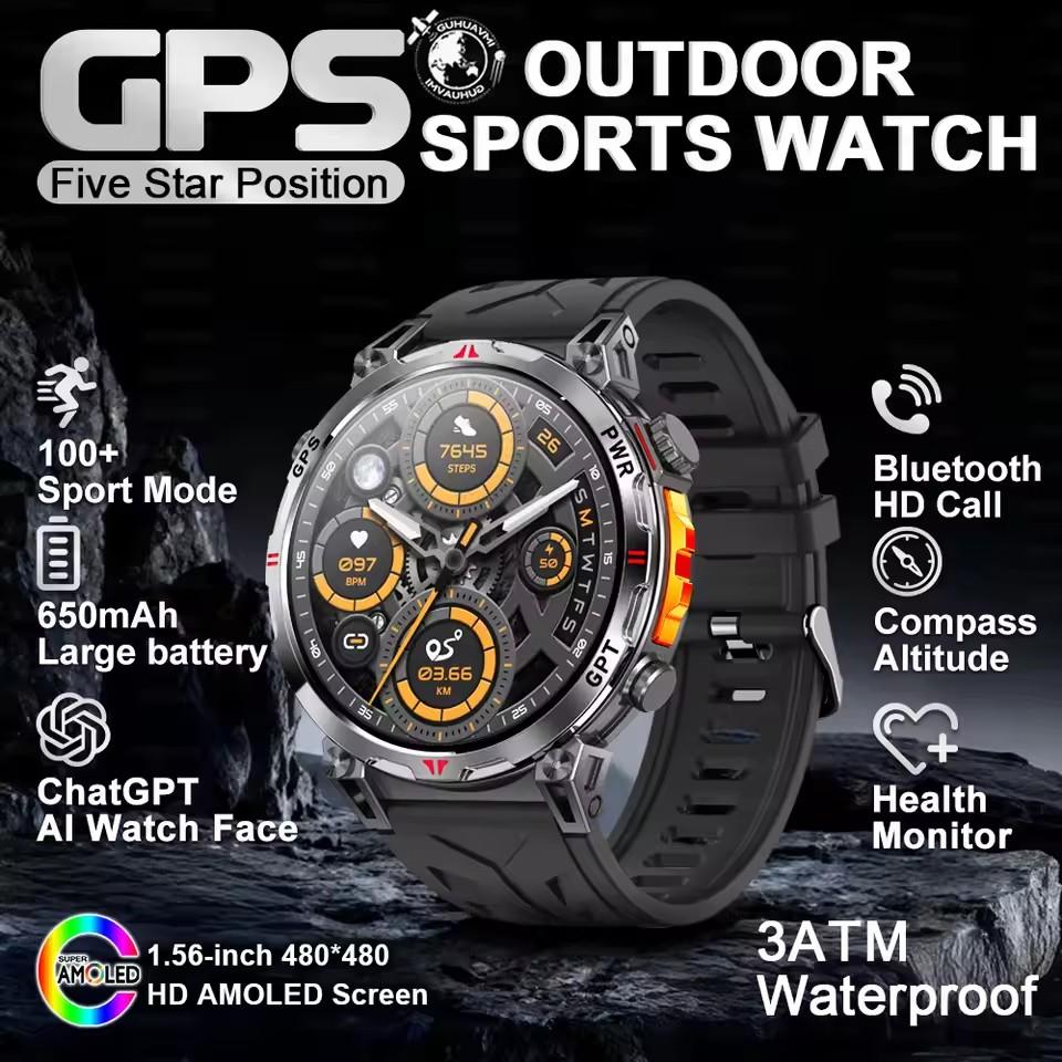 2026 Display Built-in GPS Smart Watch Men 1000Mah Battery Compass 10ATM IP69K Waterproof Tactics Sport Bluetooth call Smartwatch