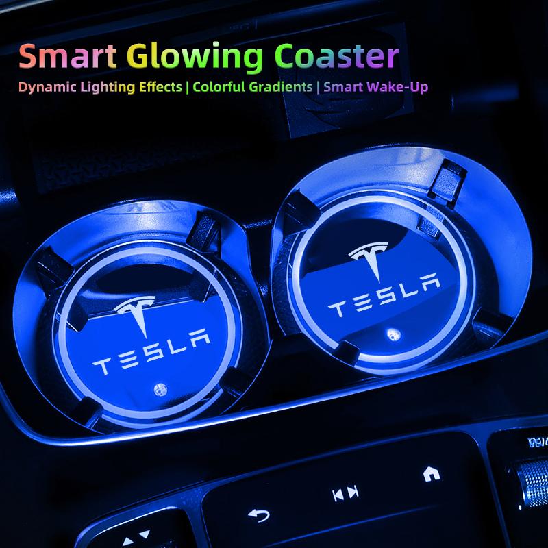 LDEPG1 Car Coasters USB Charging Anti-slip Cup Pad Seven-color LED Auto Interior Ambient Light For Tesla Model 3 Y S X Cybertruck Coil