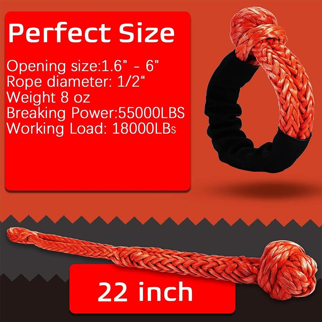 Soft Shackle 1/2" X 22 Inch (57,000LBS) Breaking Strength, Synthetic Road Recovery Rope For Sailing SUV ATV 4X4 Truck Jeep 2 Pack -Safer Than Metal