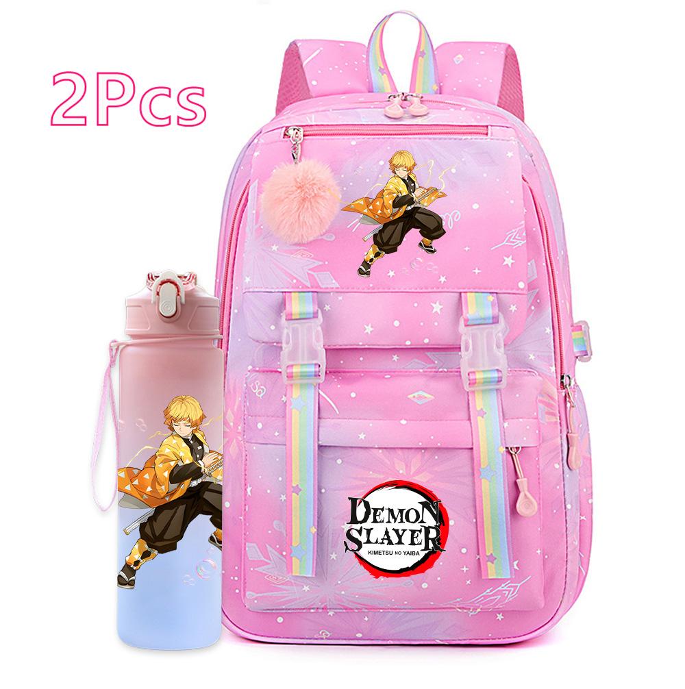 2Pcs/set Anime Cartoon Demon Slayer Printed Backpack with 750Ml Water Bottler for Teenager Bookbag Large Capacity Waterproof Travel Bag Gift