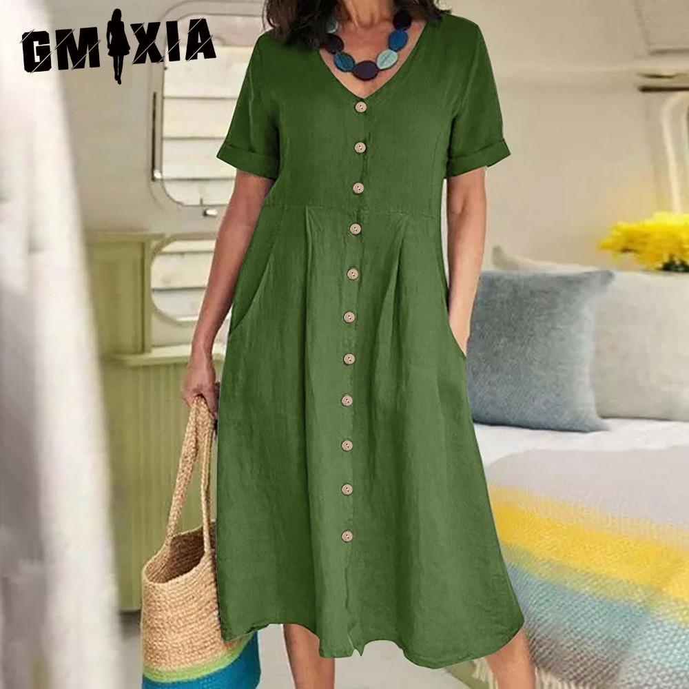 GMXIA Dame Sommer Casual Bomull V-hals Kort Erm Knappekjole