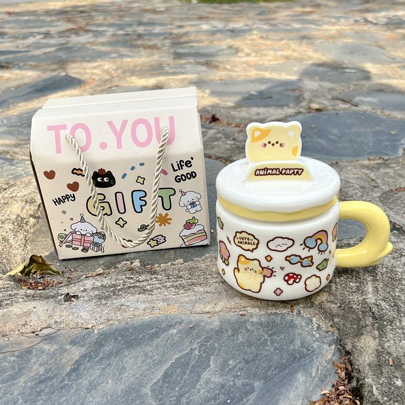 Mobile Phone Holder Mug With Lid Cartoon Animal Water Cup Gift Box Cute High-Value Household Drinking Water Ceramic Cup
