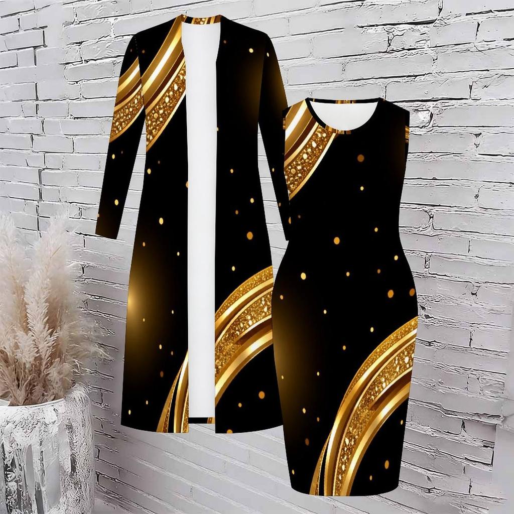 Women Plus Size Black Printed Two Piece Set Long Sleeve Open Front Cardigan Sleeveless Bodycon Dress