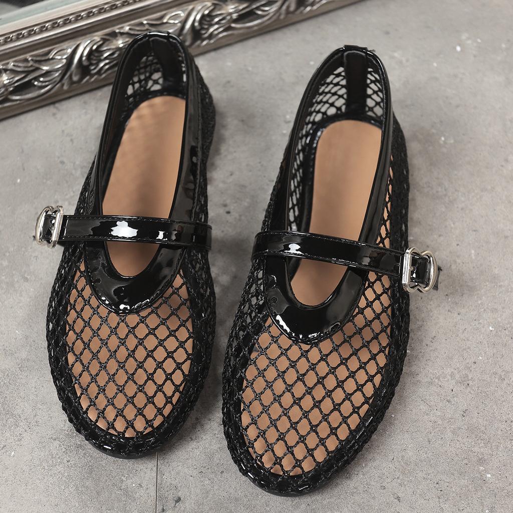 Plus Size Women Round Toe Fishnet Hollow Out Flat Sandals, New Spring Summer European Style Breathable Casual Sandals