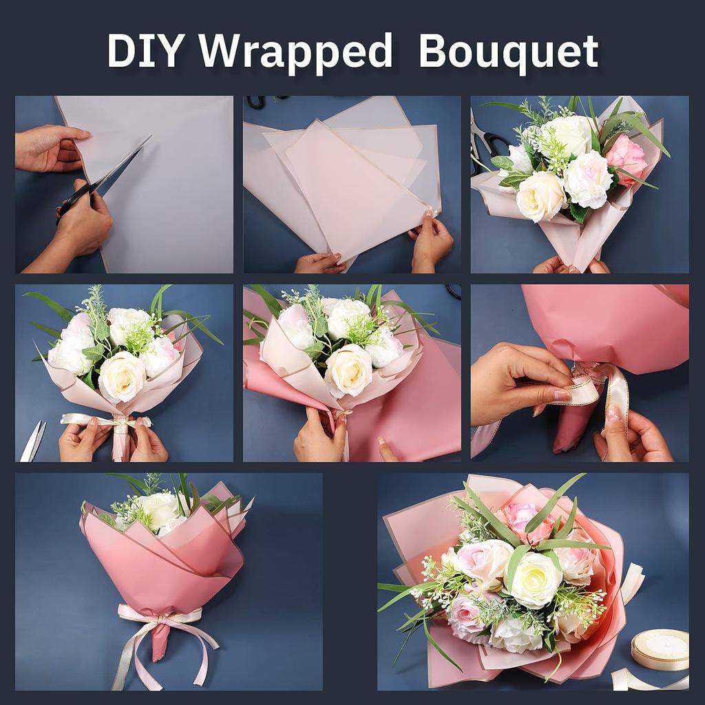 Tenare 20 Pcs Waterproof Floral Wrapping Paper Sheet Flower Bouquet Packaging Paper and Satin Ribbon for Wedding Birthday Party Class of 2025