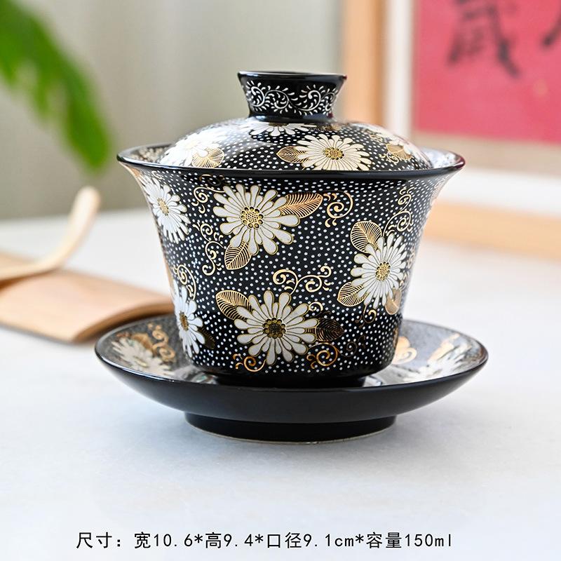 Черная глазурованная керамическая крышка-чаша Сине-белая Антикварная Последовательность Трех Талантов Орхидейного Павильона Набор для чайной церемонии Кунг-фу Чайная чаша для дома Guochaofeng Blac