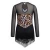 Children’s Latin Dance Competition Dress Leopard Print Fringe Long Sleeve Keyhole Back Mesh Patchwork Sparkling Rhinestone Tassel