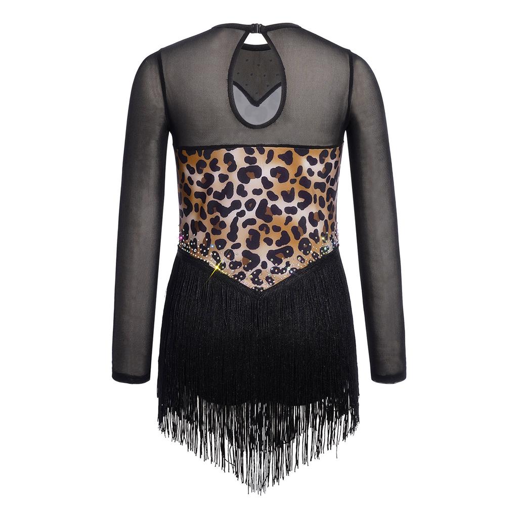 Children’s Latin Dance Competition Dress Leopard Print Fringe Long Sleeve Keyhole Back Mesh Patchwork Sparkling Rhinestone Tassel