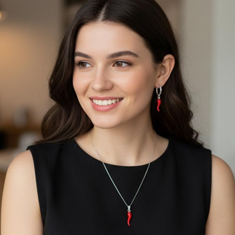 Creative Enamel Red Chilis Pendant Necklace With Matching Earrings Gold Plated Stainless Steel Jewelry Set For Women