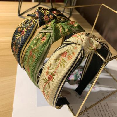 New Fashion Embroidery Hairband Handwork  Flowers Headband Center Knot Wide Side Turban For Adult Hair Accessories