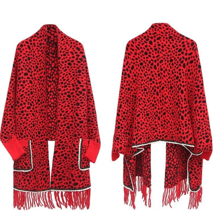 Knitted Shawl Women'S Pocket Cheongsam With Cardigan Cape And Leopard Print Shawl