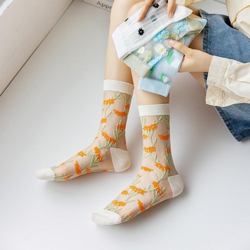 Crystal Silk Floral Embroidery Socks Ultra-Thin Nylon Long Socks Chic Mid-Tube Socks Cosplay