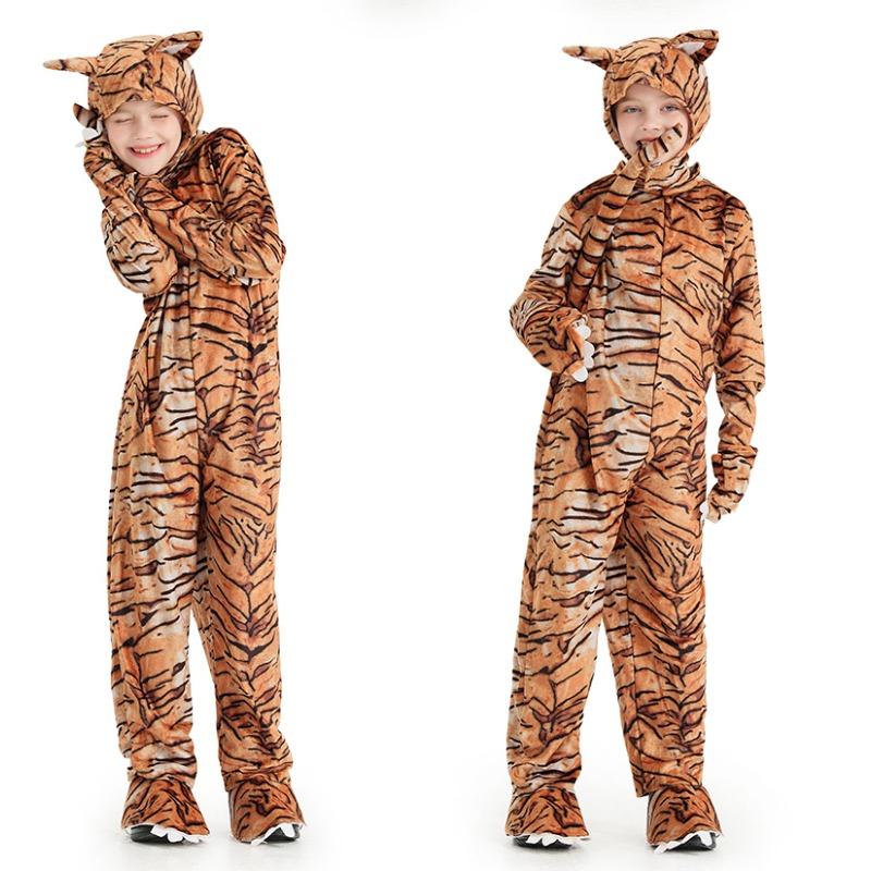 Kids Boys Girls Animals Tiger Leopard Jumpsuit Hat Set Halloween Role Play Dress Up Cosplay Costume