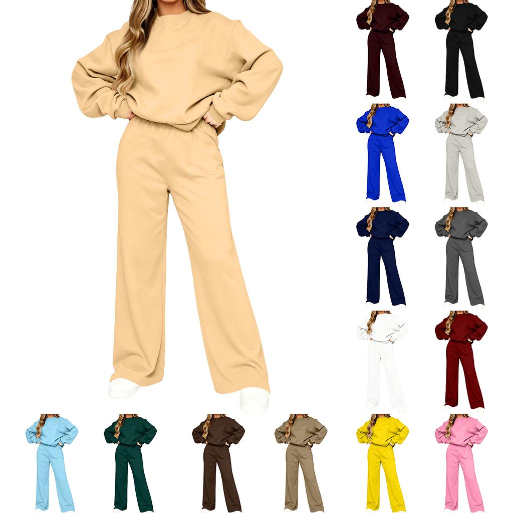 Women's Casual Fashion Long Sleeve High Waist Wide Straight Leg Sweatsuit Set