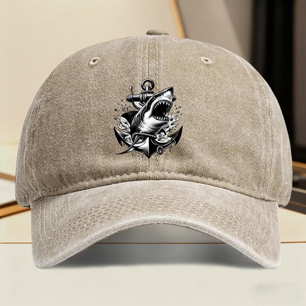 Shark Anchor Graphic Washed Baseball Cap Unisex Vintage Outdoor Streetwear Adjustable Hat