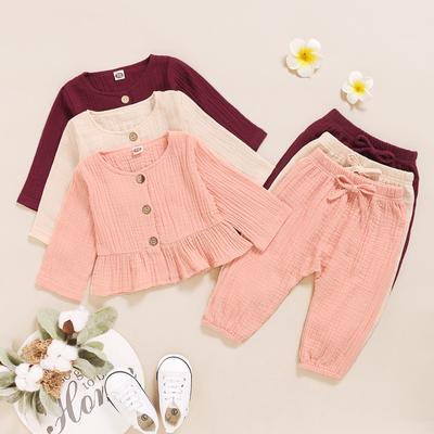 Baby Girl Long Sleeve Cotton Linen Top and Casual Cotton Linen Pants Two Piece Set for 3-24 Months Toddler Infant Outfit Soft Breathable Fabric