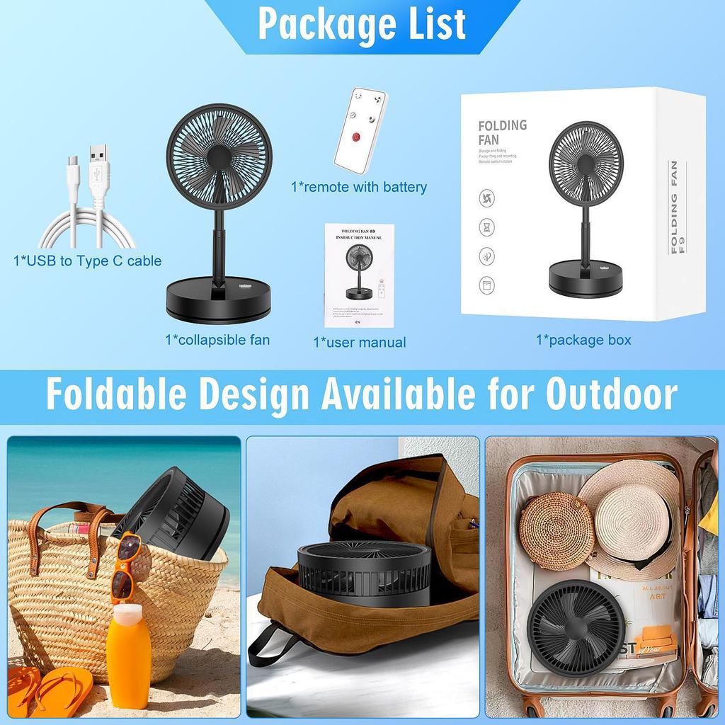 Portable Foldable Wireless Charging Fan with Silent Operation, Telescopic Design, Large Airflow, and Remote Control.