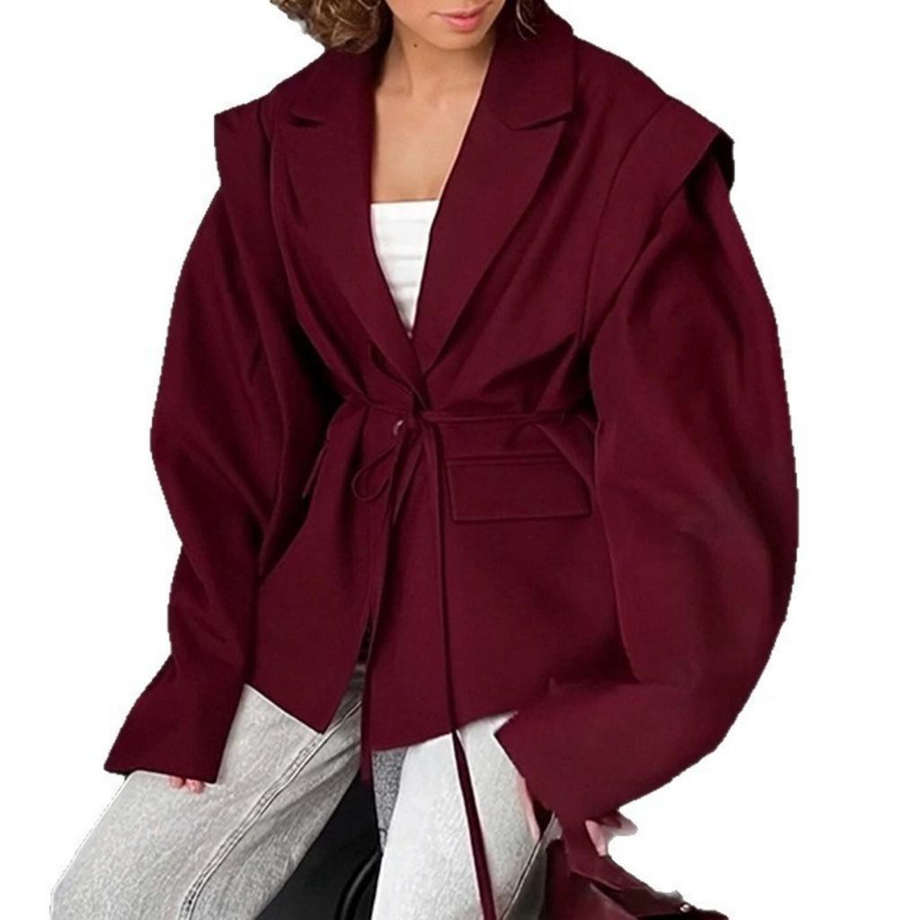 Women's V-neck Waist Cinching Tie Belt Coat Fall Winter Fashion Loose Versatile Slimming Jacket for Women European American Style