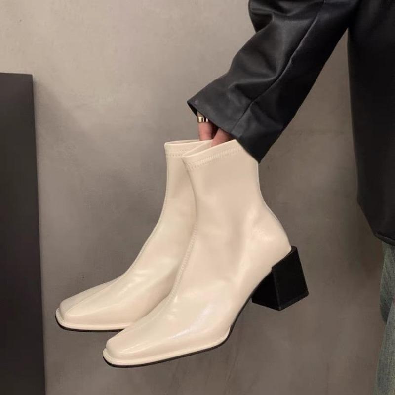 Fashion Platform Boots Women Square Heel Femmes Bottes Solid Fashion Slip On Elastic Ladies Shoes Short Plush Women's Ankle Boots Winter