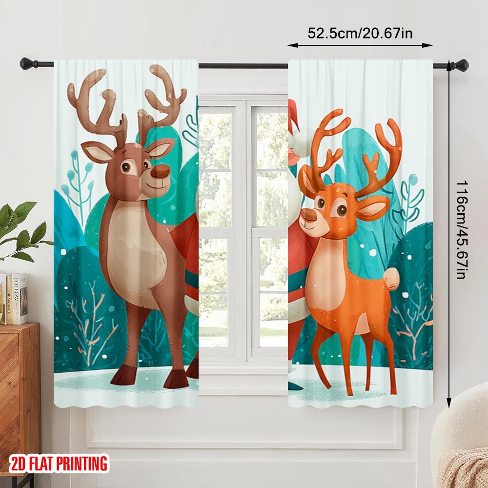 2Pcs,2D Plane Printing Curtains Roller Blinds Santa & Elk Polyester Fabric (Without Rod) Versatile All Use For Bedroom, Living