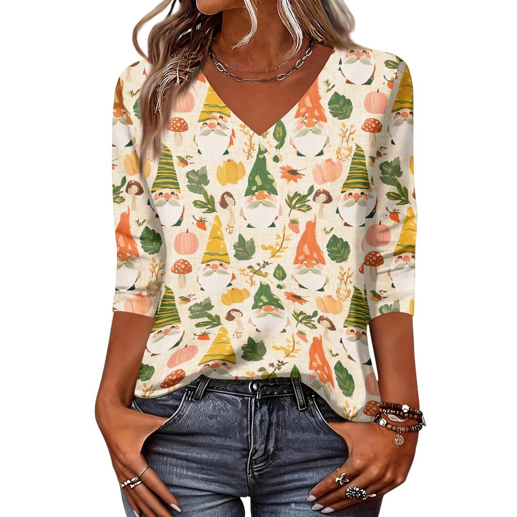 Women's V-Neck Christmas Print Shirt with Three-Quarter Sleeve and Loose Fit for Casual Daily Wear