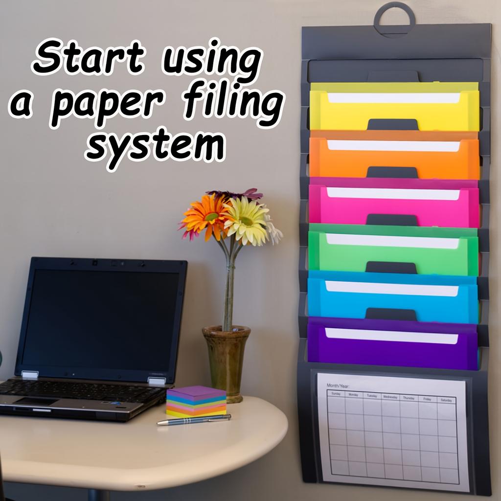 1pc Multicolor Hanging File Folders with 6 Pockets 36in, Over Door Wall Mount Organizer, Office Document Storage Solution