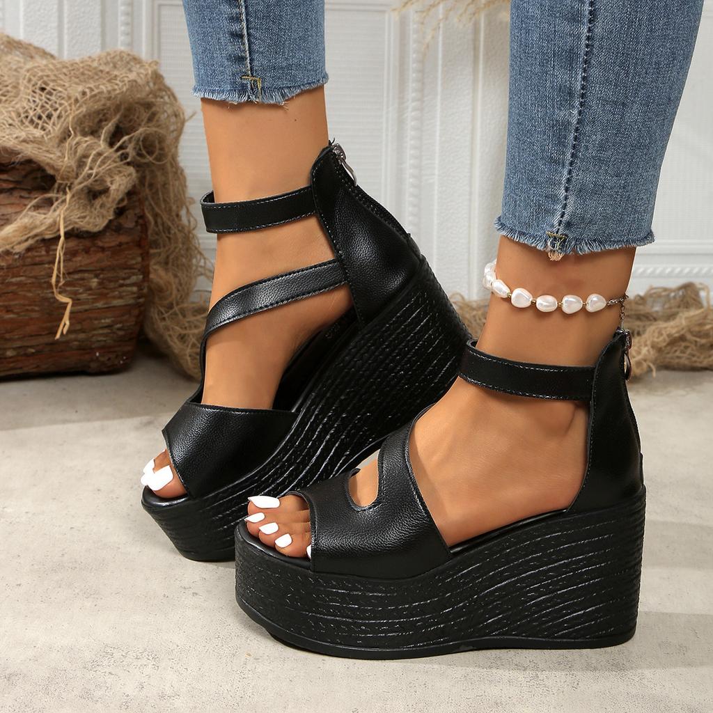 Open-toe Slope Sandals Leather Strap Roman Shoes 2026 Summer Fashion Lightweight Thick Sole Non-slip High Heels Women's Shoes