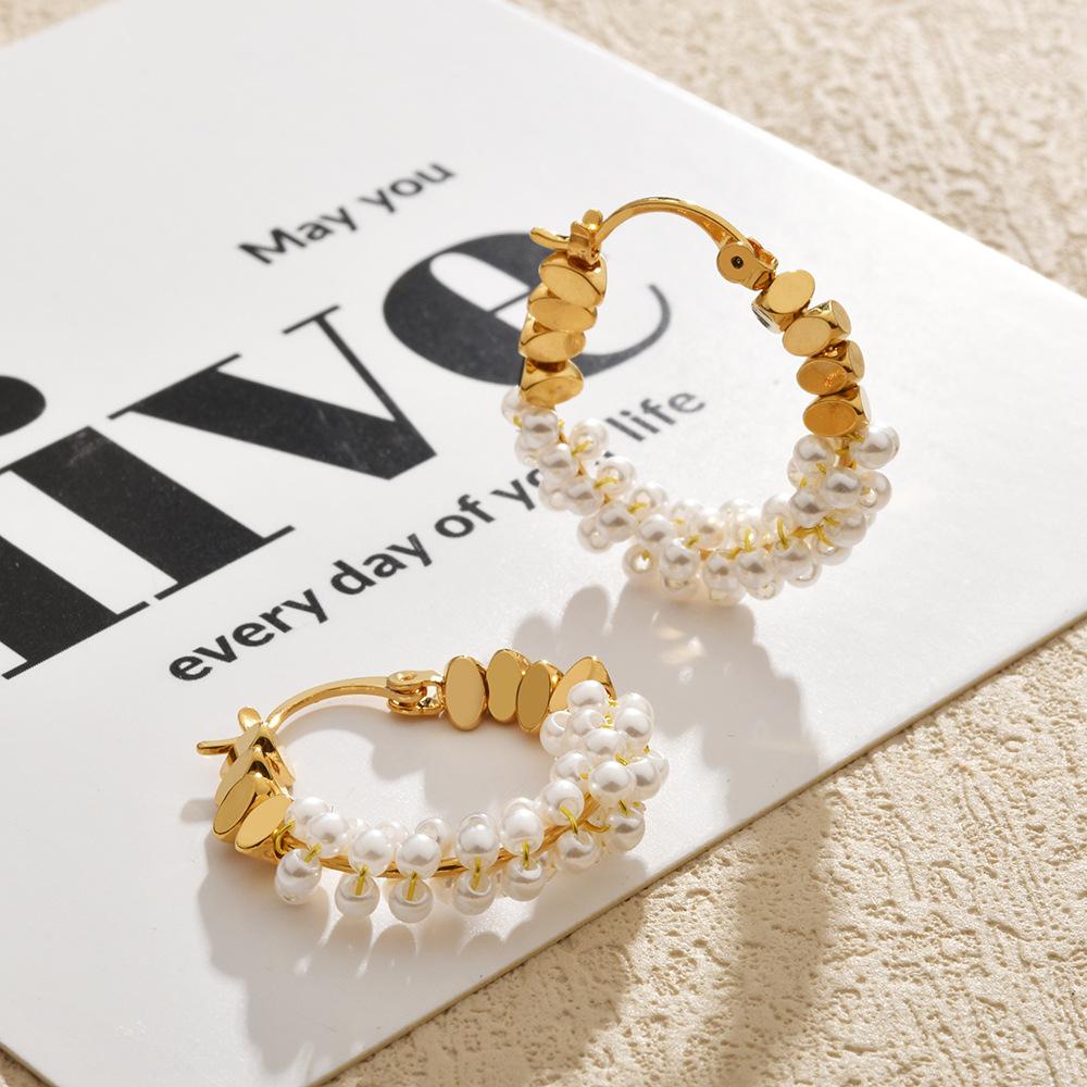 Exquisite Earrings Gold-wrapped Imitation Pearl Simple Hoop Earrings Luxury High-end Elegant Ear Jewelry Wholesale Low MOQ
