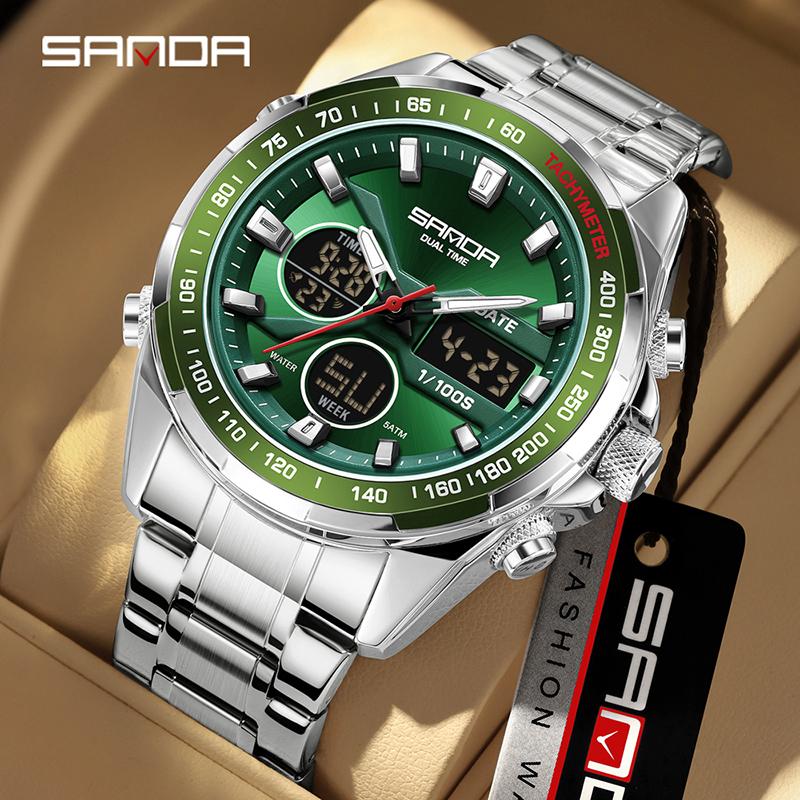 SANDA Stereoscopic Dual Display Watch Men's Steel Band Sunday Date 12/24 Hour 5ATM Waterproof Night Light Alarm Clock