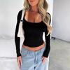 Top Y2K Feminino Slim e Justo Cor Sólida Decote U Manga Longa