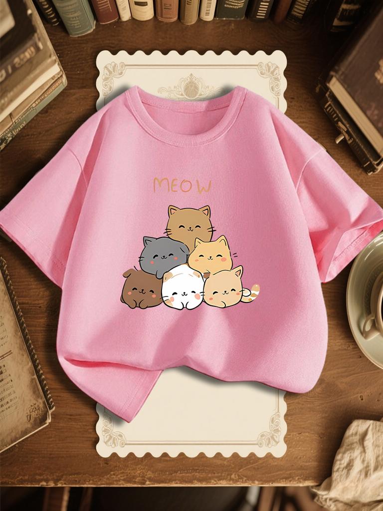 Family Matching T Shirt Stacked Cute Kittens Meow Letter Print Boys Girls Cotton Short Sleeve Parent Kid Lovely Pet Casual Tops