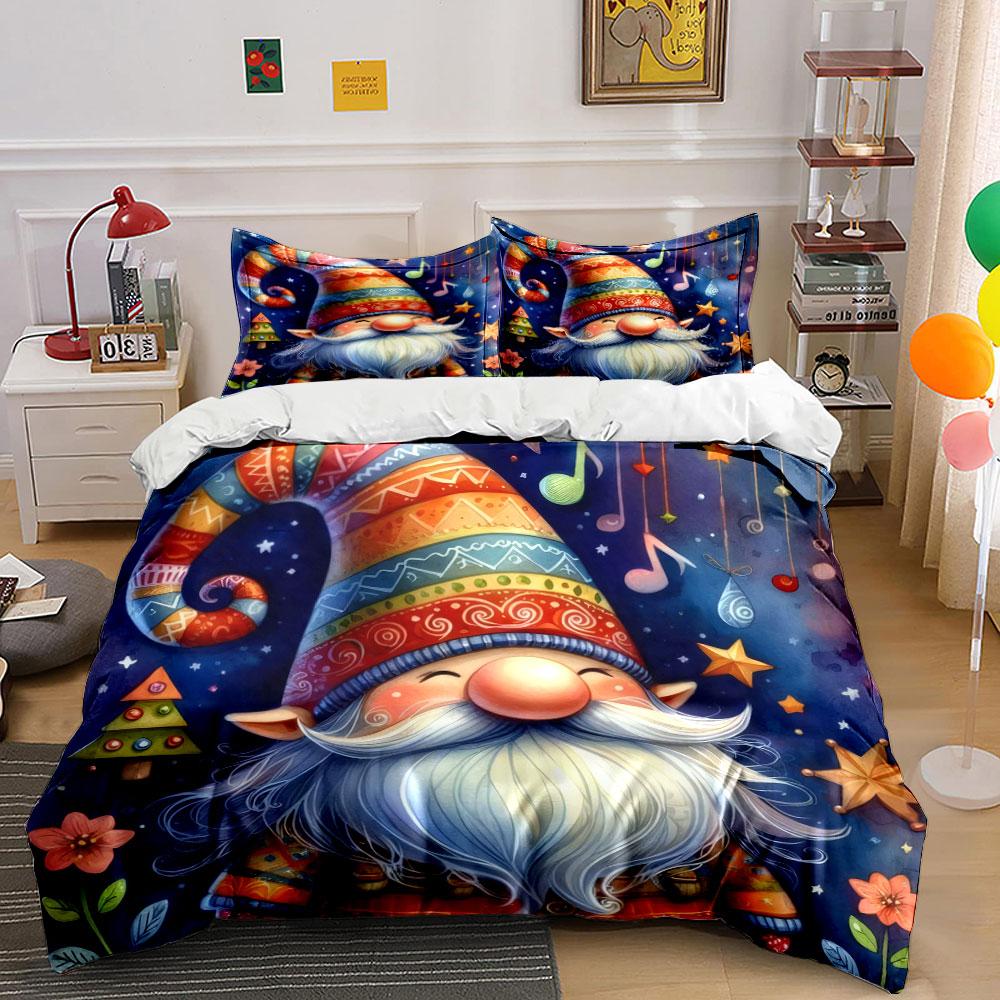 Colorful Christmas Gnome Print Bedding Duvet Cover Set (1*Duvet Cover 2*Pillowcases, without duvet insert)