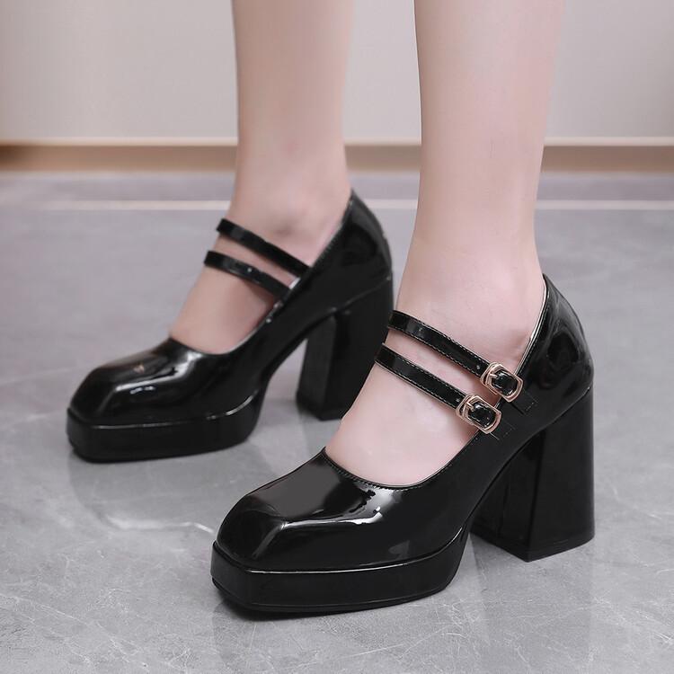 40-47 Foreign Trade Large Size Spring Waterproof Platform Thick High Heel Shallow Mouth Square Head Mary Jane Women's Single Shoes Skinny
