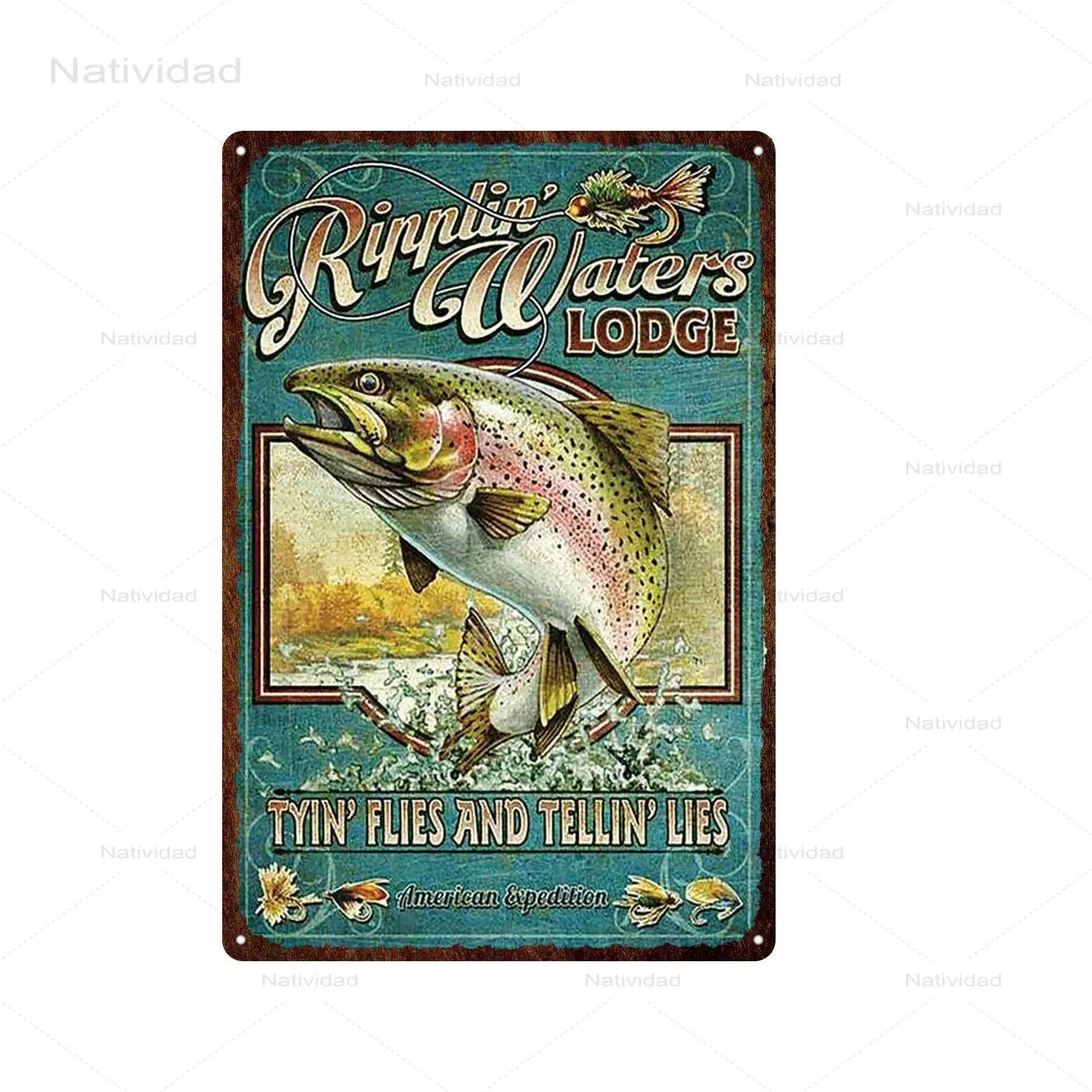 

Европейский окунь ловит рыбу и идет рыбалка металлическая табличка винтажные картины декор для бара клуба магазина отеля ретро знаки 8x12 дюймов 20x30cm