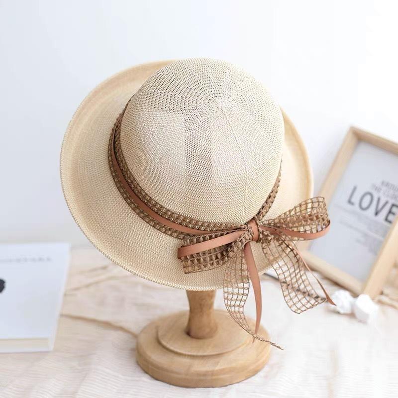 Retro elegant bow ribbon crimped basin hat dome top hat shading breathable fisherman straw hat women's summer