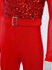 Girls Jazz Dance Jumpsuit: Mock Neck Long Sleeve with Cutout Back & Invisible Zipper, Sheer Mesh Sequins Bodice & Split Bell-Bottoms