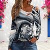 Women Plus Size Asymmetric Cutout Neck Cold Shoulder Long Sleeve Black Gold Printed Fitted Top