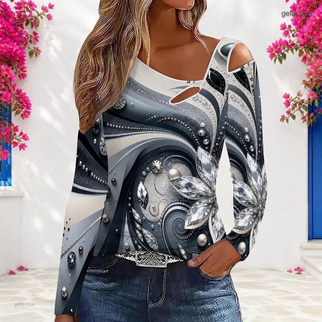 Women Plus Size Asymmetric Cutout Neck Cold Shoulder Long Sleeve Black Gold Printed Fitted Top