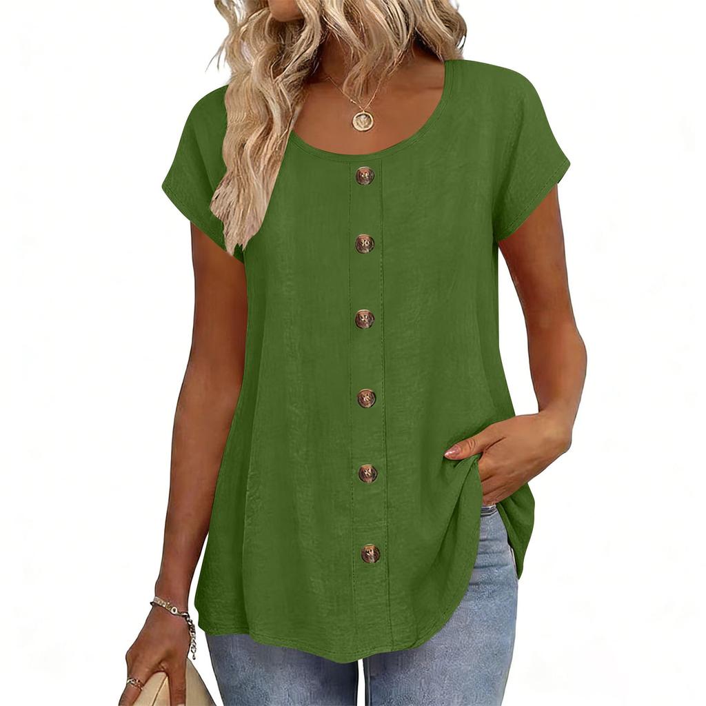 Top Camiseta Feminina Fashionável de Manga Curta com Gola Redonda e Decoração de Botões -Cor Única