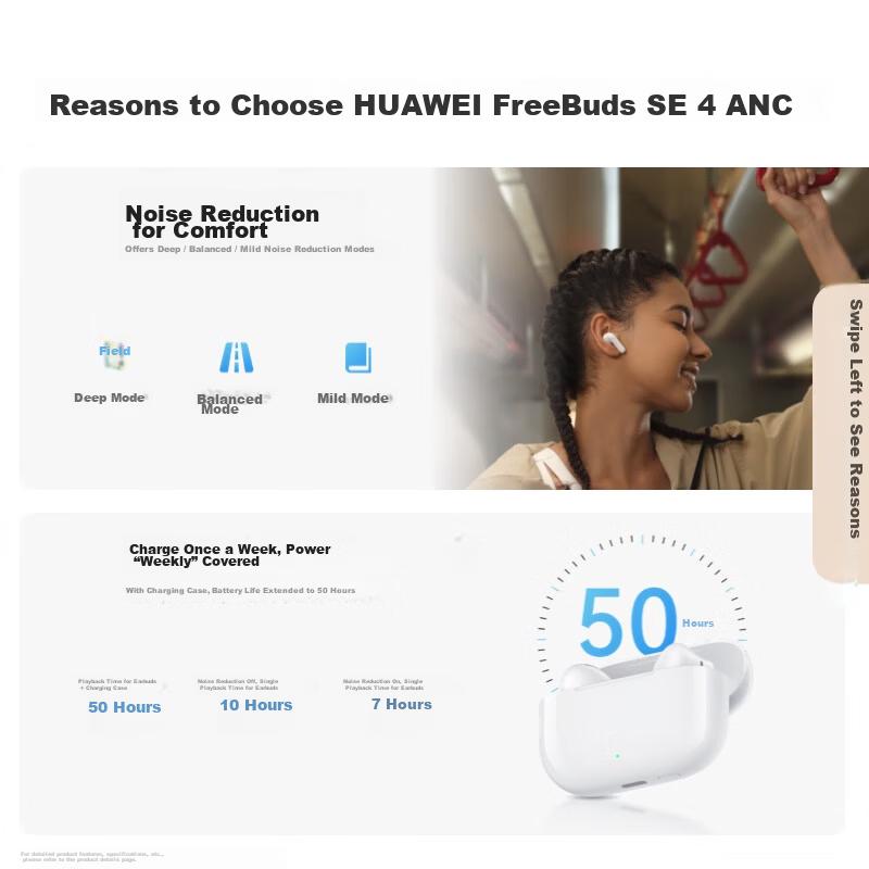 Huawei FreeBuds SE 4 ANC Noise Cancelling True Wireless Bluetooth Earbuds 50H Long Battery Life Multi-Mode