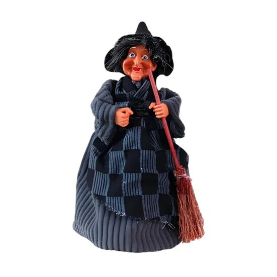 Halloween Witch Doll Decoration Spooky Witch Statue with Broomstick for Home Living Room Fireplace Mantel End Table Desktop Decor