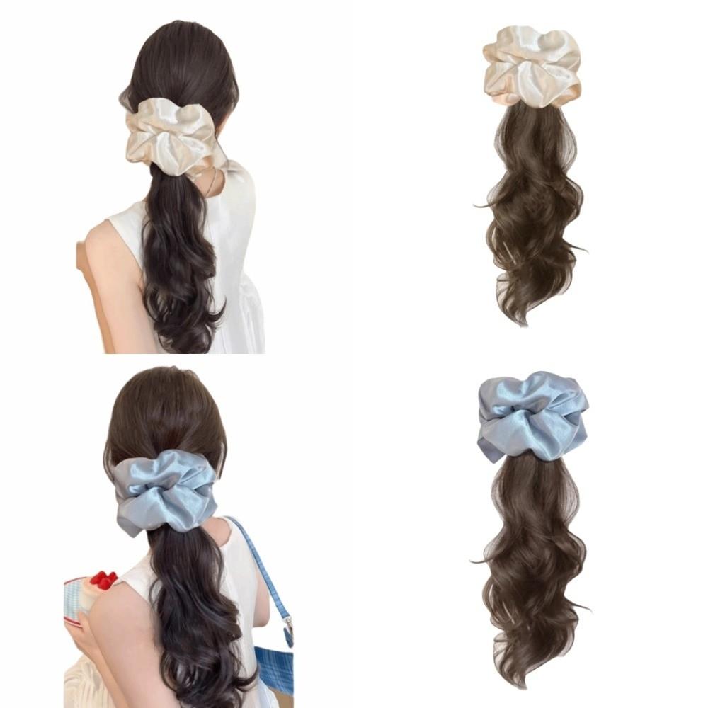 White Blue Satin Hair Bands Ponytail Scrunchie Pony Tail Hairpiece  for Women